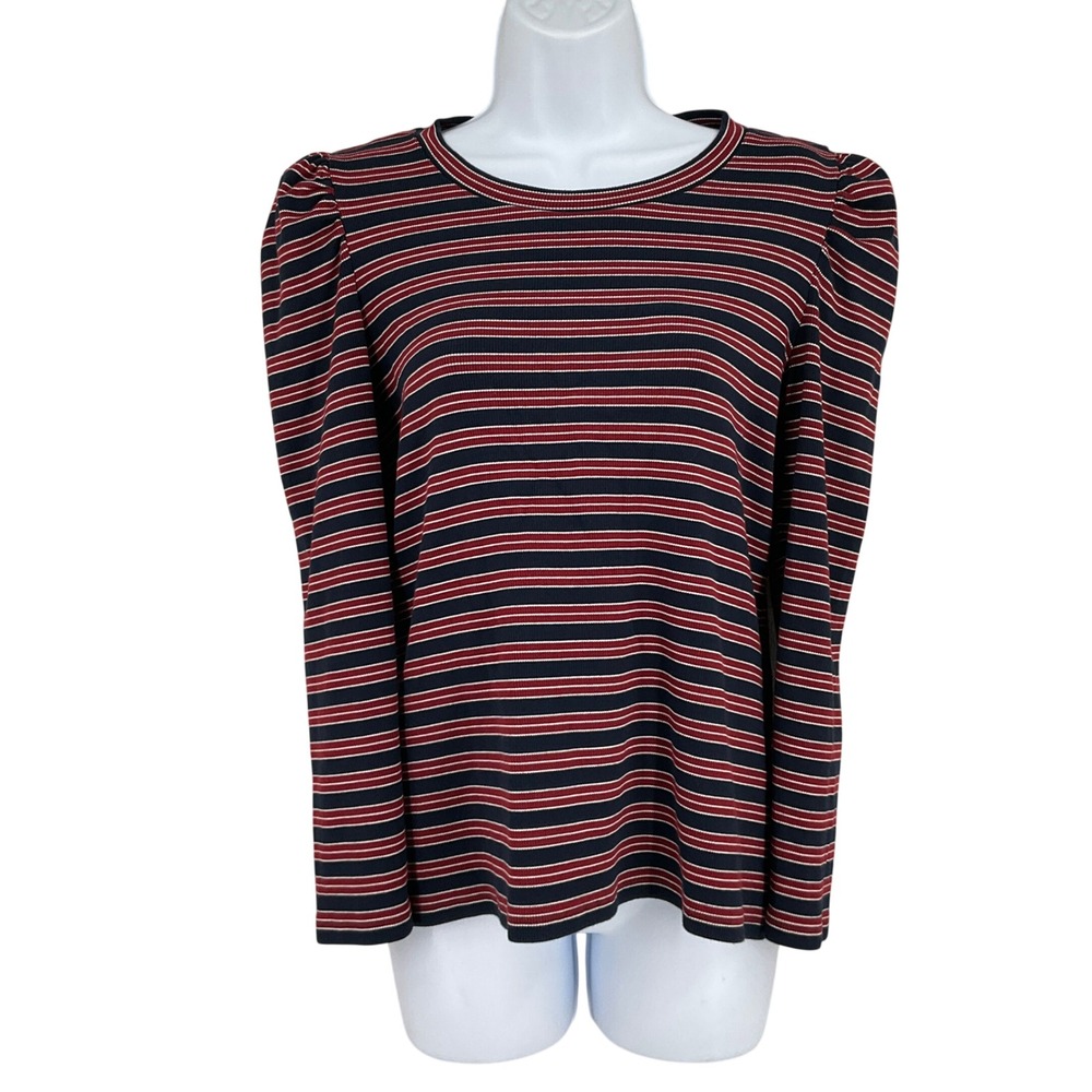 Veronica Beard Top Womens L Navy Red Cotton Striped Puff Sleeve Ribbed‎ Knit